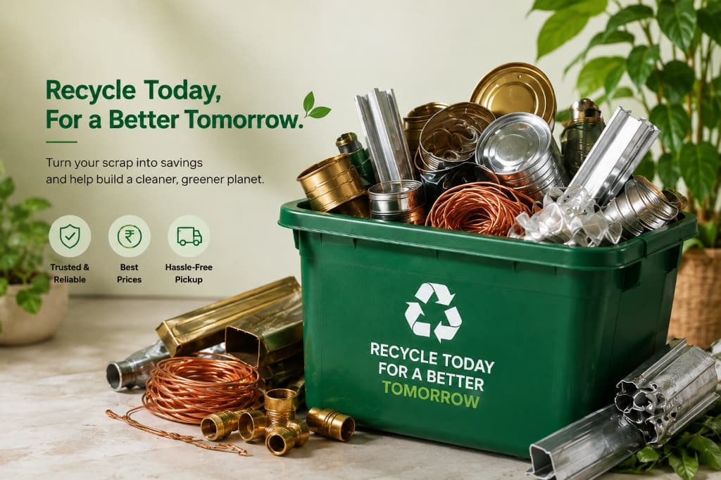 Household scrap recycling โ green bin filled with recyclable metals, copper wire and tin cans
